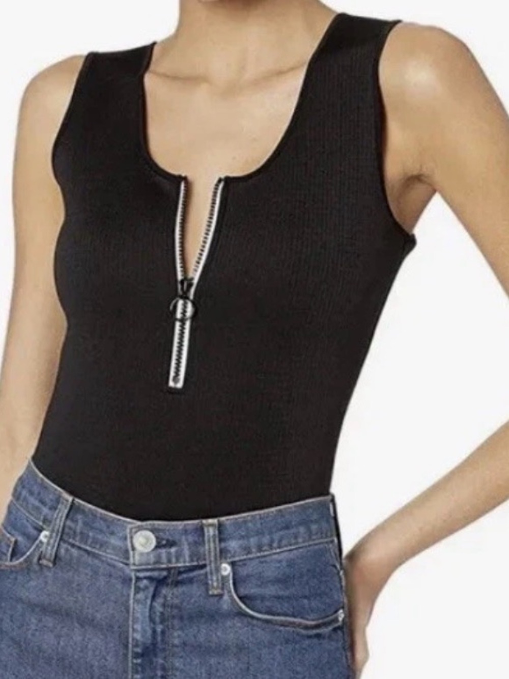 BCBGeneration Black Ribbed Zip-Front Bodysuit